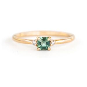 One of a kind Asscher-cut teal sapphire and diamond ring in 14k yellow gold